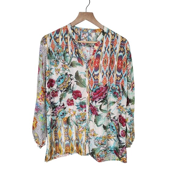 Johnny Was Tops - Johnny Was Womens Boho Silk Blouse Size S Floral Patchwork Peasant Art To Wear